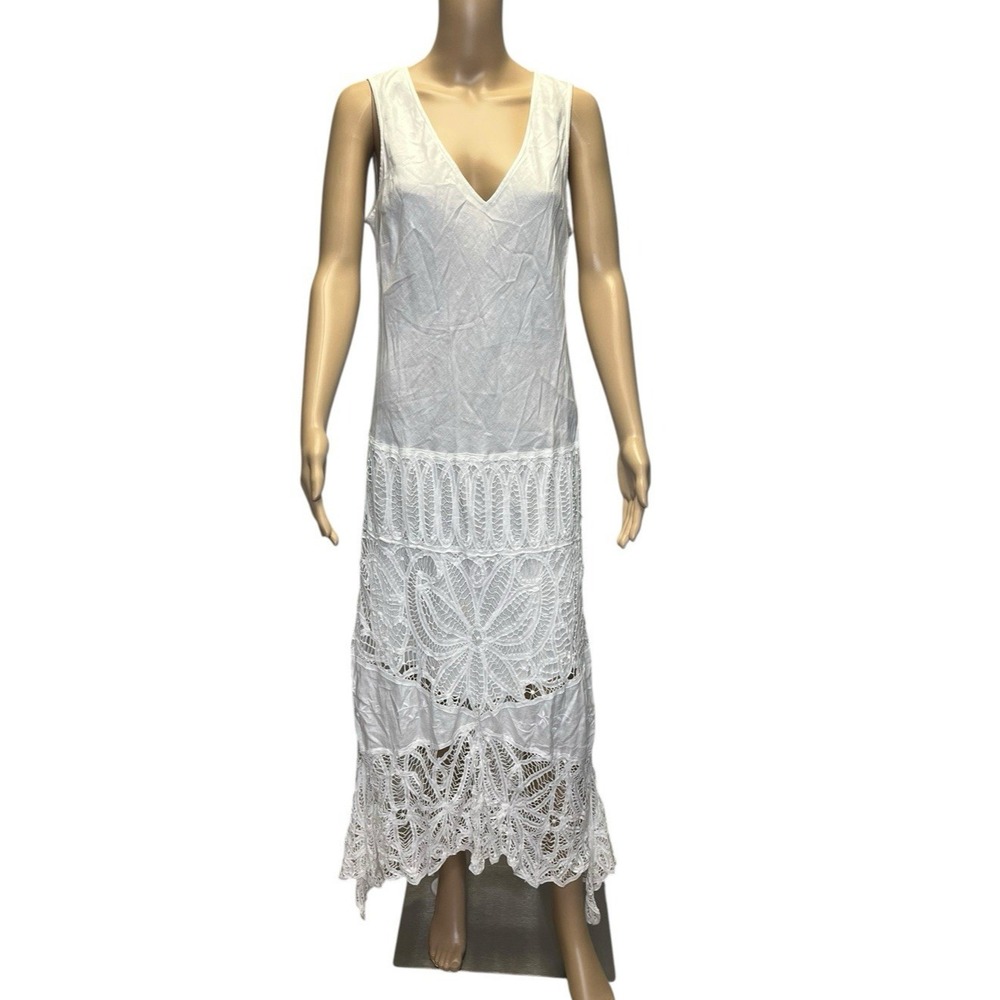 Y2K Spiegel Linen Crochet Maxi Dress Sz 14 Coastal Boho Shark Bite Hem‎ Resort